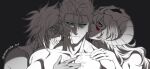  1boy 2girls arrancar artist_name black_background bleach blue_eyes broken_mask brown_eyes collarbone dark-skinned_female dark_skin facial_mark green_eyes grimmjow_jaegerjaquez hair_between_eyes hair_ornament hand_on_another&#039;s_shoulder highres looking_at_another mask mouth_mask multiple_girls muscular muscular_male nelliel_tu_odelschwanck neverwho_art scar scar_on_chest scar_on_shoulder shaded_face skull_hair_ornament spot_color tier_harribel topless topless_male whispering 
