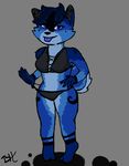  anthro blue_eyes blue_fur canine clothing female fur looking_at_viewer mammal markings solo standing striptease teasing tongue tongue_out undressing 