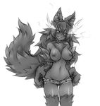  anthro big_breasts black_sclera blush breasts canine chest_tuft clothed clothing cutoffs denim_shorts female fur half-dressed looking_at_viewer mammal monochrome monorus monster monster_girl monster_girl_encyclopedia nipples plain_background shorts slit_pupils solo sweat topless tuft undressing white_background wide_hips 