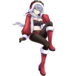  1girl black_pantyhose boots breasts christmas cleavage crop_top dolphin_wave dress fur-trimmed_headwear fur-trimmed_jacket fur_trim game_cg goggles goggles_on_head green_eyes grey_hair hat high_heel_boots high_heels highres jacket looking_at_viewer medium_breasts navel non-web_source official_art ootomo_takuji pantyhose red_boots red_hat red_jacket santa_costume santa_dress santa_hat sarah_anthony scarf short_hair sitting sitting_on_object smile spiked_hair transparent_background white_scarf 