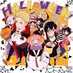  4girls 6+boys absurdres ahoge animal_ears anya_(spy_x_family) awarinko becky_blackbell black_coat black_dress black_gloves black_hair black_pants black_skirt blonde_hair blue_eyes bond_(spy_x_family) border cat_ears cat_tail closed_eyes closed_mouth clown clown_nose coat copyright_name cosplay crossed_arms damian_desmond death_(entity) dog dracula dracula_(cosplay) dress emile_elman english_text ewen_egeburg fake_animal_ears fake_tail fiona_frost frankenstein&#039;s_monster frankenstein&#039;s_monster_(cosplay) franky_franklin glasses gloves green_eyes grim_reaper grim_reaper_(cosplay) halloween halloween_costume hat highres holding holding_scythe long_sleeves looking_at_viewer multiple_boys multiple_girls mummy_costume nurse open_mouth orange_background orange_thighhighs pants pink_hair pointy_ears pumpkin_hat purple_eyes purple_hair purple_thighhighs red_eyes scythe shirt short_sleeves skirt smile spy_x_family standing striped_clothes striped_thighhighs suspenders tail thighhighs thumbs_up twilight_(spy_x_family) werewolf_costume white_border white_shirt witch witch_hat wolf_ears yor_briar yuri_briar 