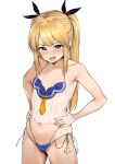  1girl bikini blonde_hair blue_eyes dead_or_alive flat_chest hadacra hands_on_own_hips highres looking_at_viewer marie_rose micro_bikini naughty_face navel open_mouth petite side-tie_bikini_bottom solo stomach swimsuit thighs 