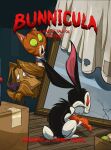 2024 ball baseball_(ball) bedding black_body black_ears black_eyes black_fur black_nose black_tail blanket blue_collar book_cover box brown_body brown_facial_hair brown_fur brown_hair brown_mustache bunnicula bunnicula_(series) canid canine canis cardboard cardboard_box carrot chester_(bunnicula) collar collar_tag container cover cover_art digital_media_(artwork) domestic_cat domestic_dog english_text facial_hair fangs felid feline felis feral food fur furrllow green_sclera group hair harold_(bunnicula) hi_res holding_carrot holding_food holding_object holding_vegetable inside lagomorph leporid long_ears looking_at_another male mammal mirror multicolored_body multicolored_fur mustache orange_body orange_fur pink_nose plant rabbit red_sclera scared scut_tail sharp_teeth short_tail sitting tail tan_body tan_fur teeth tennis_ball text tongue trio two_tone_body two_tone_fur two_tone_tail vampire vegetable white_body white_fur white_nose white_tail