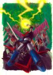  arm_up armor black_armor clone electricity electrokinesis glowing glowing_eyes great_mazinger great_mazinger_(robot) green_background grey_armor highres holding holding_sword holding_weapon horns index_finger_raised lightning looking_at_viewer mazinger_(series) mecha mecha_focus mechanical_wings multicolored_armor nakamura_jun'ichi number_print robot super_robot sword weapon wings yellow_eyes 