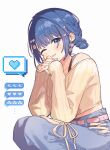  1girl belt blue_eyes blue_hair blue_pants blunt_bangs braid chase_my_ideal_idol!_(project_sekai) collarbone cowboy_shot crop_top cropped_sweater denim double_bun earrings envelope_earrings hair_bun hair_ornament heart heart_hair_ornament highres interlocked_fingers jeans jewelry kiritani_haruka long_sleeves looking_at_viewer medium_hair midriff off-shoulder_sweater off_shoulder official_alternate_costume official_alternate_hairstyle one_eye_closed open_mouth pants patch pink_belt pixel_art_inset pixel_heart pom_pom_(clothes) pom_pom_earrings project_sekai ribbed_sweater ribbon sidelocks sleeves_past_wrists smile solo spaghetti_strap squatting sweater uminokaisen white_background yellow_nails yellow_ribbon 