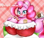  abstract_background anthro big_breasts blue_eyes blush braffy breasts candy_cane christmas cleavage clothed clothing digital_media_(artwork) equine female food friendship_is_magic fur hair holidays hooves horse huge_breasts long_hair looking_at_viewer mammal milk muffin my_little_pony obese overweight pink_fur pink_hair pinkie_pie_(mlp) smile solo standing text 