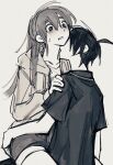  1boy 1girl absurdres aqinaaam blush embarrassed greyscale hands_on_another&#039;s_shoulders hetero highres holding holding_another&#039;s_arm holding_another&#039;s_thighs hood hoodie licking licking_another&#039;s_neck long_hair long_sleeves monochrome open_mouth original partially_colored shirt short_hair sketch sweatdrop 