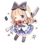  1girl ace_(playing_card) ace_of_diamonds alice_(alice_in_wonderland) alice_in_wonderland animal_ears back_bow belt black_belt black_bow black_bowtie black_socks blonde_hair blue_bow blue_eyes blue_shoes blue_skirt blue_vest blunt_bangs bow bowtie card carrying_over_shoulder center_frills chibi chinese_commentary clock clock_hat_ornament closed_mouth commentary_request diamond_(shape) diamond_brooch diamond_facial_mark donut eating eyelashes facial_mark floating_card food food_in_mouth footwear_bow fork frilled_skirt frills hair_bow happy hat_ornament heart holding holding_food holding_fork kexi_shi_ge_hentai kneehighs lace-trimmed_bow lace_trim leg_belt light_blush lolita_fashion long_hair looking_at_viewer lop_rabbit_ears marking_on_cheek mary_janes military_alice_(miracle_nikki) miniskirt miracle_nikki nikki_(series) one_eye_closed oversized_object playing_card playing_card_hat_ornament pleated_skirt puffy_short_sleeves puffy_sleeves rabbit_ears red_brooch ribbed_socks shirt shoes short_sleeves simple_background skirt smile socks solo sprinkles standing striped_bow striped_bowtie striped_clothes striped_skirt striped_socks striped_vest tareme two-tone_socks vertical-striped_clothes vertical-striped_skirt vertical-striped_vest vest white_background white_shirt white_socks 