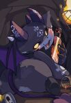 alcohol anthro beverage bigoyatsu black_body black_fur black_sclera blush bottle butt container debidebi_debiru demon drunk fur hi_res hooves horn looking_at_viewer looking_back looking_back_at_viewer male nijisanji smile solo spade_tail substance_intoxication tail vtuber wings yellow_eyes