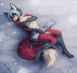  4_toes anthro blue_hair canine claws covering covering_breasts covering_self female fox hair hioshiru looking_at_viewer lying mammal nude on_back pinup pose snow solo toe_claws toes 