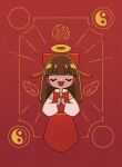  1girl :d ageboucho ascot bad_id bad_nicoseiga_id bad_source blunt_bangs bow brown_hair closed_eyes collared_shirt cookie_(touhou) full_body gradient_background hair_bow hair_tubes hakurei_reimu halo highres long_hair open_mouth own_hands_together red_background red_bow red_shirt red_skirt shirt short_bangs sidelocks skirt smile solo touhou traditional_halo white_sleeves yamasaka_aimi yellow_ascot yin_yang 