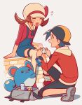  1boy 1girl :d absurdres backwards_hat bag black_hair black_pants blush_stickers brown_hair capri_pants chueog closed_eyes ethan_(pokemon) flying_sweatdrops grey_bag grey_shoes hat highres holding jacket long_sleeves lyra_(pokemon) marill open_mouth overalls pants pokemon pokemon_hgss potion_(pokemon) red_jacket red_shoes scraped_knee shirt shoes short_hair single_blush_sticker smile sweatdrop thighhighs thighhighs_pull twintails 