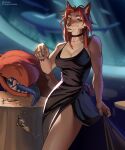 ahya_(legend_of_ahya) alcohol anthro aquarium beverage breasts broken_glass canid canine canis cleavage clothed clothing collar container cup dress dress_only drinking_glass female fish furniture glass glass_container glass_cup heterochromia hi_res kumir legend_of_ahya mammal marine nightclub raised_clothing raised_dress shark smile solo table tablecloth tail tail_mouth taylor_renee_wolford_(darkflamewolf) tongue tongue_out unusual_anatomy unusual_tail vivarium wine_glass wolf