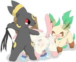  2014 ambiguous_gender bent_over black_fur black_nose blush brown_eyes brown_fur butt cum eeveelution female feral flora_fauna fur group leaf leafeon male markings nintendo open_mouth paws penis pink_fur pink_penis plain_background plant pok&eacute;mon red_eyes spanking sylveon tally_marks umbreon video_games white_background yellow_fur yellow_markings 劣尾 