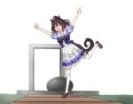  1girl ahoge animal_ears back_bow bow bowtie brown_hair brown_shoes closed_eyes deep_impact_(racehorse) deep_impact_(umamusume) deep_impact_gate double_v frilled_skirt frills fukuro_(maruaru00) genderswap genderswap_(mtf) half_updo happy highres horse_ears horse_girl horse_tail loafers name_connection object_namesake original personification pleated_skirt puffy_short_sleeves puffy_sleeves purple_bow purple_bowtie purple_shirt real_life sailor_collar school_uniform sculpture shirt shoes short_hair short_sleeves skirt solo summer_uniform tail thighhighs tracen_school_uniform umamusume v white_sailor_collar white_skirt white_thighhighs 