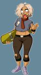 4_fingers adventure_time anthro bear belt belt_buckle black_sclera blonde_hair blue_background blush blush_lines bottomwear bracelet breasts bronwyn_(adventure_time) buckle canid canine canis cartoon_network claws clothing domestic_dog duo female fingers footwear fur gesture hair holding_object holding_skateboard hybrid jewelry looking_at_viewer male male/female mammal midriff mrcheese open_mouth outline pants scarf shirt shoes short_hair simple_background skateboard smile solo standing teeth tongue tongue_out topwear torn_bottomwear torn_clothing torn_pants ursine vehicle white_eyes white_outline yellow_body yellow_fur