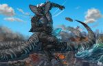 abs anthro balls biceps big_penis big_tail biped boxers_(clothing) building bulge city city_crushing city_destruction claws clothed clothing cobra crush destruction detailed_background digital_media_(artwork) erection fangs feet fingerless_gloves fingers genitals gloves handwear hi_res kai&#039;nek_(pyronite) landscape_dwarfing light_penis macro male monster muscular muscular_anthro muscular_male nude outside paws pecs penis penis_shaped_bulge pyronite(commissioner) rampage reptile scalie seaside shaneinvasion sky smoke snake solo stomping tail tail_motion teeth toe_claws toes topless underwear