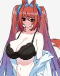  1girl acaa animal_ears black_bra bra breasts commentary_request daiwa_scarlet_(umamusume) grey_background highres horse_ears horse_tail large_breasts long_hair navel red_eyes red_hair shirt simple_background solo tail twintails umamusume underwear upper_body white_shirt 