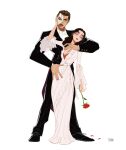  1boy 1girl absurdres bow bowtie christine_daae closed_eyes commentary dress english_commentary erik_(phantom_of_the_opera) eyeshadow flower full_body hair_slicked_back hand_on_another's_face highres holding holding_flower hong_soon-sang long_hair looking_to_the_side makeup mask open_mouth phantom_of_the_opera red_flower short_hair signature simple_background tailcoat white_background white_bow white_bowtie white_dress 