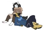  anthro barefoot canine clothed clothing cuddling dog duo female german_shepherd happy jazmine_wolfe male mammal paws resting shapeshifterprincess smiles 