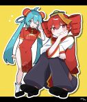  2girls absurdres ahoge alternate_costume black_hat black_pants black_shoes blue_eyes blush breasts bright_pupils china_dress chinese_clothes dress drill_hair earrings flat_chest hair_between_eyes hat hatsune_miku highres jacket jewelry kasane_teto letterboxed long_hair long_sleeves looking_at_viewer multiple_girls odochina_(vocaloid) ofuda ofuda_on_head one_eye_closed open_mouth pants platform_shoes red_eyes red_jacket shirt shoes simple_background sitting sleeves_past_wrists small_breasts smile sonoda_payapaya standing twin_drills utau very_long_hair vocaloid white_pupils white_shirt yellow_background 