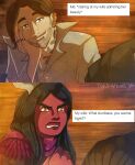 2021 2_panel_comic angry arm_support artist_name beard black_eyebrows black_hair blue_eyes brown_clothing brown_eyebrows brown_hair brown_topwear cape closed_smile clothed clothed_female clothed_human clothed_humanoid clothed_male clothing collared_shirt colored comic corazon_de_ballena dated daydream dialogue digit_ring digital_drawing_(artwork) digital_media_(artwork) dress_shirt dungeons_and_dragons duo ear_piercing ear_ring english_description english_text eyebrows facial_hair female finger_ring furrowed_brow grey_dress_shirt grey_horn hair hair_on_shoulders happy hasbro hi_res horn human humanoid inside jewelry leaning_on_elbow light lighting lips male male/female mammal married_couple meme mouth_closed not_furry open_mouth oxventure piercing pirate prudence_(oxventure) question randomthunk red_body red_cape red_clothing red_lips red_skin red_tongue ring_piercing rogue shaded shirt smile stubble tan_body tan_skin text thick_bottom_lip tiefling tongue topwear wall_(structure) wizards_of_the_coast wood wood_wall yellow_eyes