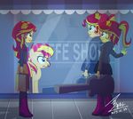  2015 bag blonde_hair blue_eyes bluse duo english_text equestria_girls equine female guitar hair horn mammal musical_instrument my_little_pony ponytail red_hair reflection sunset_shimmer_(eg) text two_tone_hair unicorn 
