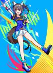 1girl ;) \m/ absurdres animal_ears bead_bracelet beads blue_boots blue_hair blue_shirt boots bracelet breasts brown_hair collarbone colored_inner_hair commentary_request daitaku_helios_(umamusume) double_\m/ ear_covers ear_piercing facial_tattoo fang fingernails full_body hair_between_eyes hair_ornament hairclip highres horse_ears horse_girl horse_tail jewelry looking_at_viewer medium_breasts medium_hair multicolored_hair necklace one_eye_closed open_mouth piercing shirt shoes shorts smile solo standing streaked_hair striped_clothes striped_shirt tachi-e tail tattoo umamusume white_shorts yellow_eyes youkibutsu 