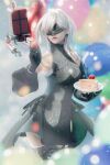  10h_(nier_reincarnation) 1girl balloon bare_shoulders black_gloves cake cake_slice devy_(hapidevy) food fruit gloves highres mama_(nier) nier_(series) nier_reincarnation pod_(nier:automata) realistic strawberry white_hair 