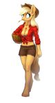  anthro apple applejack_(mlp) blonde_hair breasts bucket cleavage clothed clothing equine erudier female friendship_is_magic fruit fur green_eyes hair hat hooves horse long_hair mammal my_little_pony navel necklace orange_fur plain_background pony solo walking 