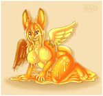  2014 anthro big_breasts blonde_hair breasts female goo hair hi_res hindpaw horn lagomorph long_hair looking_at_viewer mammal nipples nude paws rabbit roum smile solo thick_thighs wings yellow_skin 