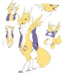  ambiguous_gender bandai blue_eyes chest_tuft claws collage digimon digitigrade elbow_gloves fangs fur gloves hornedfreak pawpads paws plain_background renamon solo tuft white_background wide_hips 