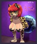  2015 anthro areola big_breasts breasts cheetah english_text erect_nipples feline female green_eyes hair hi_res huge_breasts looking_back makeup mammal nipple_tape nipples plankboy red_hair smile solo sweat tape tears text 