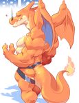  ? anthro anthrofied back biceps big_muscles blue_eyes brown_skin butt charizard claws clothed clothing dragon e-w01f fire half-dressed horn jockstrap looking_at_viewer looking_back male muscles nintendo pecs plain_background pok&eacute;mon scales scalie shiny smoke solo standing sweat toned topless underwear video_games white_background wings 