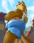  anthro blush butt canine clothed clothing dog headband looking_at_viewer looking_back male mammal overweight rear_view shorts skimpy solo thick_thighs tight_clothing 忠太 