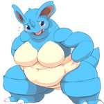  anthro blue_eyes blush breasts fdokkaku female horn kemono nidoqueen nintendo obese open_mouth overweight pok&eacute;mon solo standing tongue tongue_out video_games 