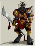  anthro armor bovine clothed clothing facial_piercing fur hair horn luu_muu male mammal mists_of_pandaria nose_piercing nose_ring piercing solo standing video_games warcraft weapon world_of_warcraft yaungol 