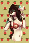  anthro bikini breasts clothed clothing dragon elapid female green_eyes hair horn looking_at_viewer navel partially_clothed skimpy solo swimsuit undressing watermelon 