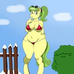 anthro big_breasts bikini breasts cartoon chubby clothing equine eyewear female freckles friendship_is_magic fur green_eyes green_hair hair horse hyperstorm_h kevinsano long_hair looking_at_viewer mammal ms_peachbottom_(mlp) my_little_pony navel outside pony snow solo standing sunglasses swimsuit 