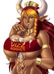  amber_eyes armlet beauty_mark big_breasts breasts cleavage clothed clothing corruption_of_champions cowbell crown cum cum_drip cum_on_breasts dark_skin dripping ear_piercing excellia_(coc) female hair horn huge_breasts human hyper hyper_breasts jewelry lipstick long_hair mammal milf mother parent piercing red_hair ring solo straw tattoo thedarkness under_boob voluptuous 