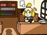  animal_crossing anthro artist bookshelf canine clothed clothing detailed_background dog duo female inside isabelle_(animal_crossing) mammal nintendo shadow sitting smile solo unseen_character video_games にくにぐしい 