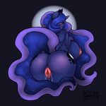  2014 anthro anthrofied big_breasts blue_hair blue_skin blush breasts butt cartoon cutie_mark equine female friendship_is_magic hair hi_res horn huge_breasts long_hair looking_at_viewer looking_back mammal my_little_pony nipples nude princess_luna_(mlp) pussy pussy_juice rear_view roum solo winged_unicorn wings 