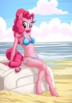  2014 anthro anthrofied beach bikini blue_eyes boat breasts cartoon chest_fur chest_tuft cleavage clothed clothing cloud cutie_mark digital_media_(artwork) equine female friendship_is_magic fur hair horse leaning looking_at_viewer mammal my_little_pony mysticalpha outside pink_hair pinkie_pie_(mlp) pony pose sea seaside solo swimsuit tuft water 