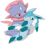  2014 ambiguous_gender blue_eyes blue_fur blush claws cute duo eeveelution female feral fur glaceon hindpaw interspecies kissing miyawawa nintendo one_eye_closed open_mouth paws pink_eyes plain_background pok&eacute;mon pussy saliva saliva_string video_games weavile white_background 
