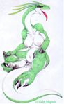  4_fingers 4_toes anthro anus areola armor bare_chest big_belly big_breasts big_feet big_hands blood_tongue_emeralds breasts brown_eyes caleb_magness claws eyelashes fangs feathers female forked_tongue green_body green_scales karakki kazuhiko_ichikawa lizard long_neck long_tail looking_at_viewer navel nipples pussy red_tongue reptile scalie sitting solo spikes talons teeth thorns toes tongue traditional_media_(artwork) voluptuous 