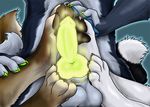  2015 animal_genitalia anthro balls bioluminescence black_fur brown_fur canine canine_penis claws dog dogsoul double_footjob erection foot_fetish footjob fur glowing glowing_penis group hindpaw knot male mammal masturbation pads pawpads paws penis penis_grab solo_focus white_fur wolf 