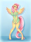  anthro anthrofied big_breasts blush breasts clothing cutie_mark embarrassed equine feathers female fluttershy_(mlp) friendship_is_magic fur hair hi_res hooves long_hair looking_at_viewer mammal my_little_pony nipples pegasus pink_hair pussy roum solo standing teal_eyes translucent wings yellow_fur 