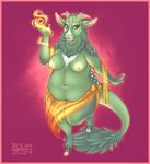  2014 anthro areola avian bird bovine breasts brown_eyes cattle female fur green_fur hi_res hooves horn hybrid kirin lips looking_at_viewer magig mammal navel nipples obese overweight roum smile solo spots stadning thick_thighs veil white_fur yellow_lips yellow_nose 