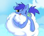  2015 cloud cloudscape dreamsulu equine fan_character friendship_is_magic hooves horn horse looking_at_viewer lying male mammal my_little_pony on_cloud one_eye_closed outside sky solo tongue tongue_out toony unicorn wink yellow_eyes 