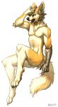  2015 anthro canine digital_media_(artwork) falvie floating fur laugh male mammal mechanical nude pinup pose robotic_arm solo tan_fur wolf yellow_eyes 